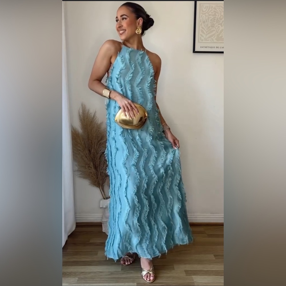 ZARA Halter Maxi Dress With Fringing Sea Green 3564/114 Size S EUC Coastal Boho